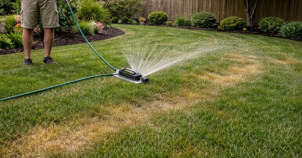 Deep watering an over fertilized lawn to flush excess fertilizer