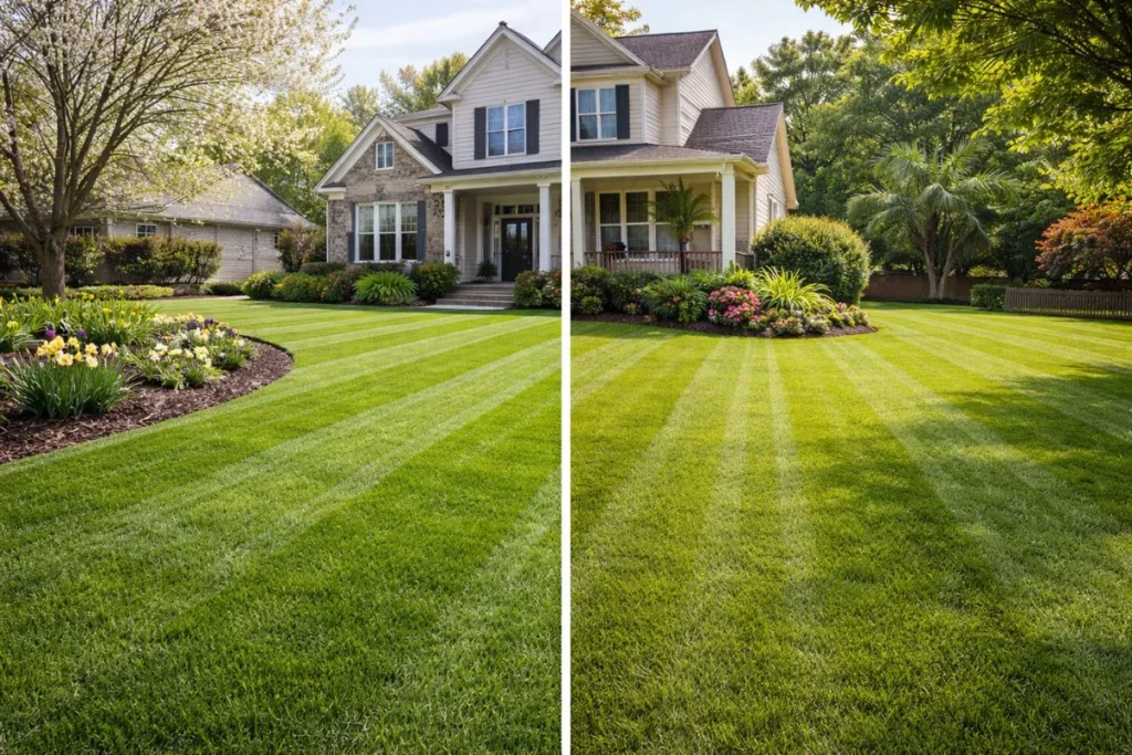 Northern and southern US lawns showing seasonal mowing differences