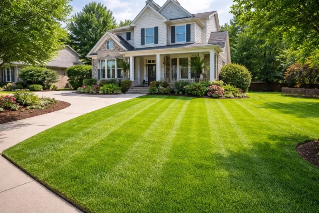 Freshly mowed suburban lawn showing clean mowing lines and healthy grass