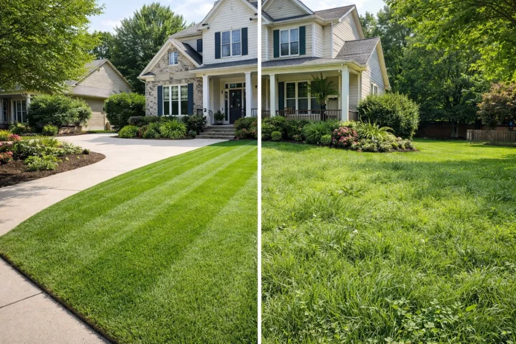 Side by side comparison of weekly mowing and bi-weekly mowing lawn condition