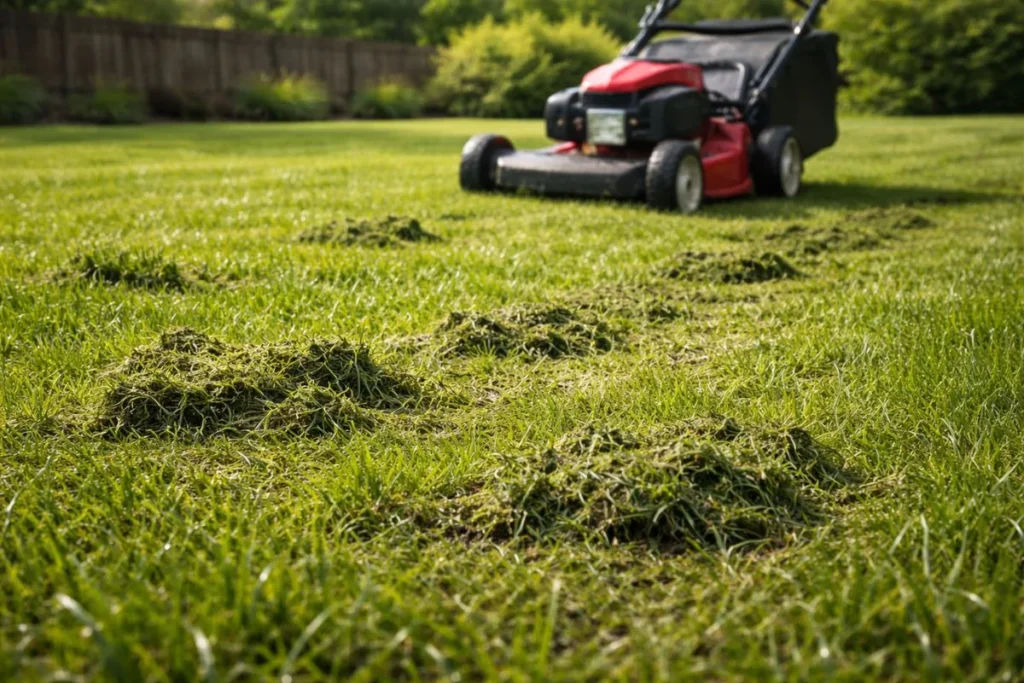 wet grass clumps left on lawn after mowing
