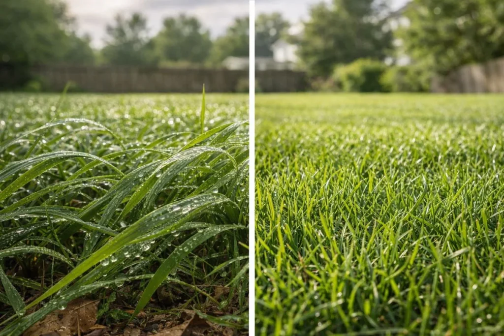 wet grass compared to dry grass before mowing lawn