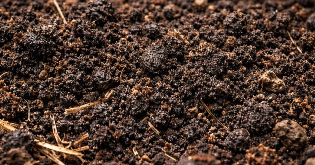 Close-up of worm castings in soil