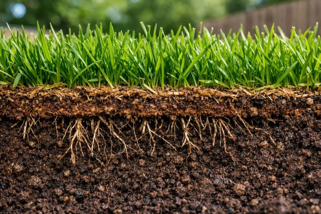 Cross section of lawn showing grass blades, thatch layer, and soil