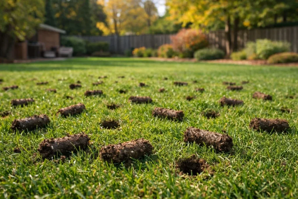 When to aerate lawn with visible soil plugs on grass