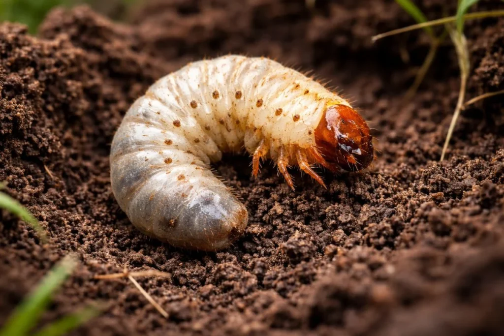 White C-shaped lawn grub found in soil under damaged turf