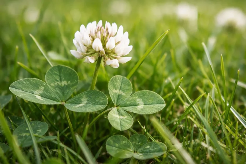 close-up of white clover leaves and flower in lawn