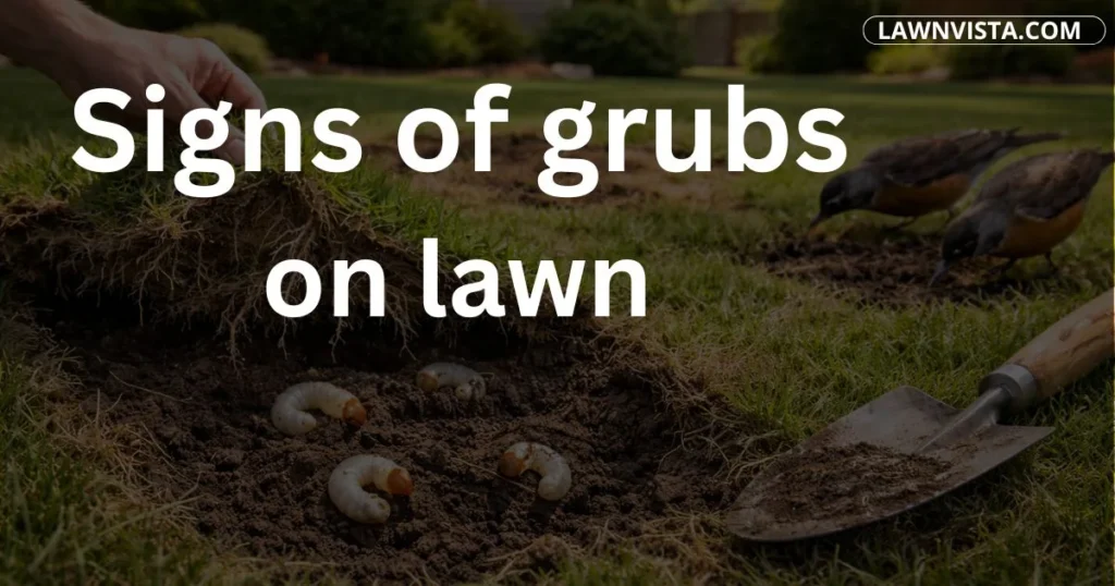Brown patches and loose turf in lawn showing common signs of grubs feeding under grass roots