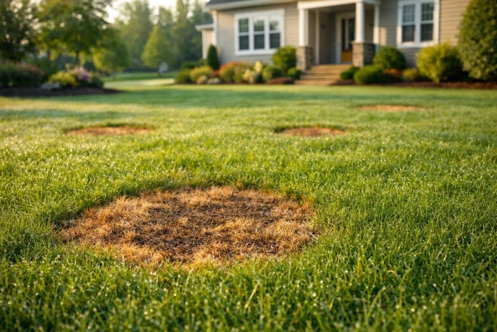 Brown patch lawn fungus spreading in a residential yard