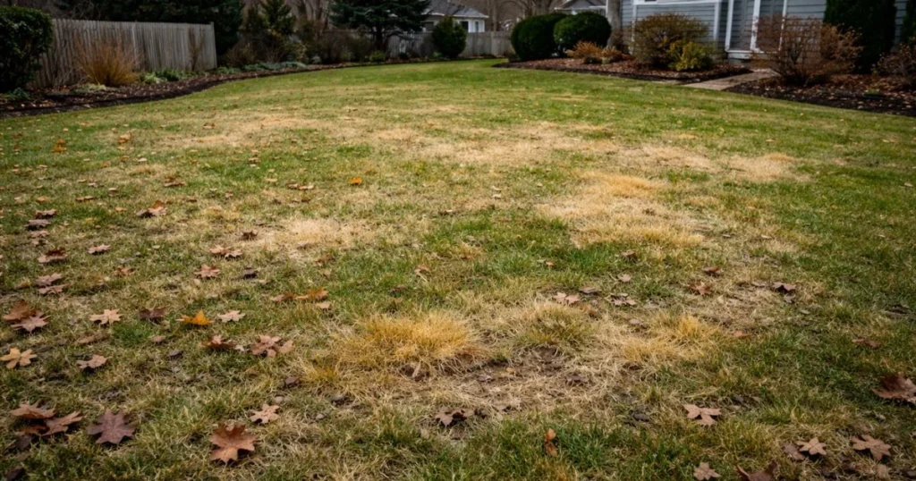 Lawn with thin grass and yellow patches before winter due to weak root preparation