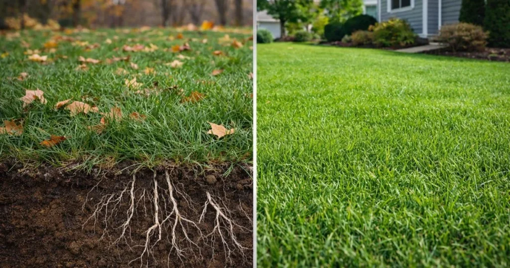 Side by side comparison of fall lawn care using winterizer fertilizer and regular fertilizer