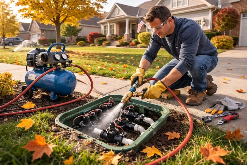 Blowing out sprinkler system before winter to prevent pipe damage