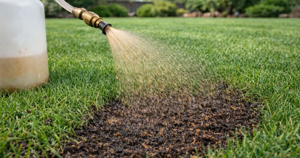 Spraying worm casting tea on lawn
