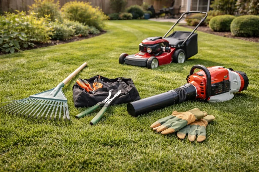 yard cleanup tools including rake mower and pruning equipment