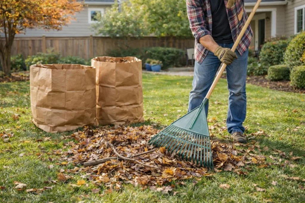 removing leaves and yard debris during seasonal yard cleanup