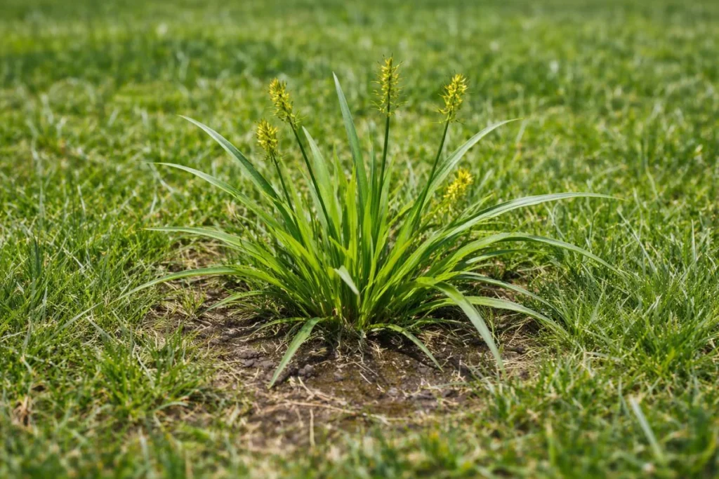 Yellow nutsedge growing upright in a residential lawn
