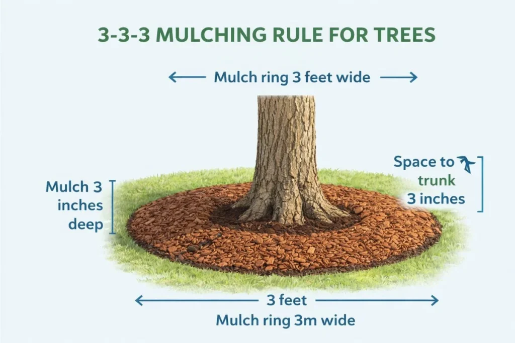 diagram explaining the 3-3-3 rule for tree mulching