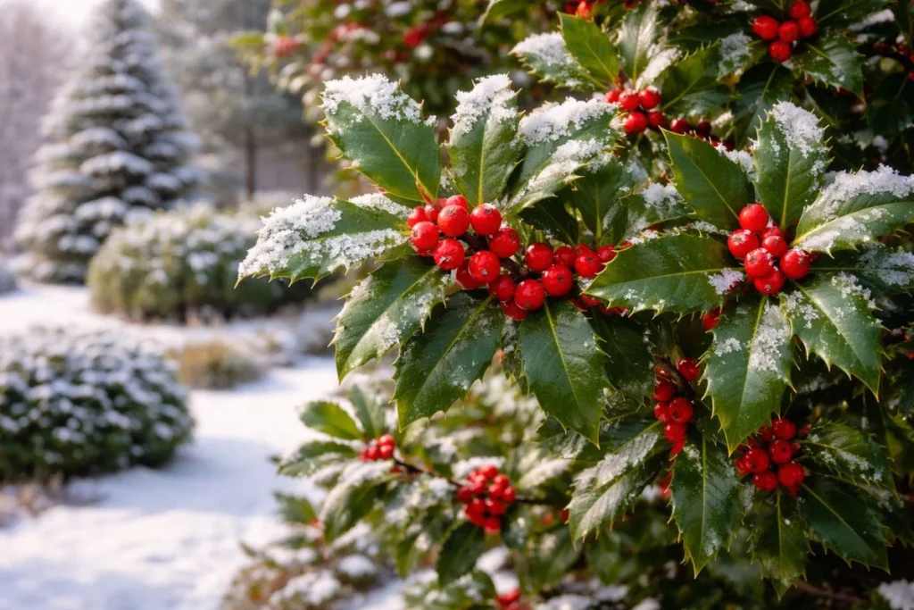 american holly evergreen tree with red berries in winter