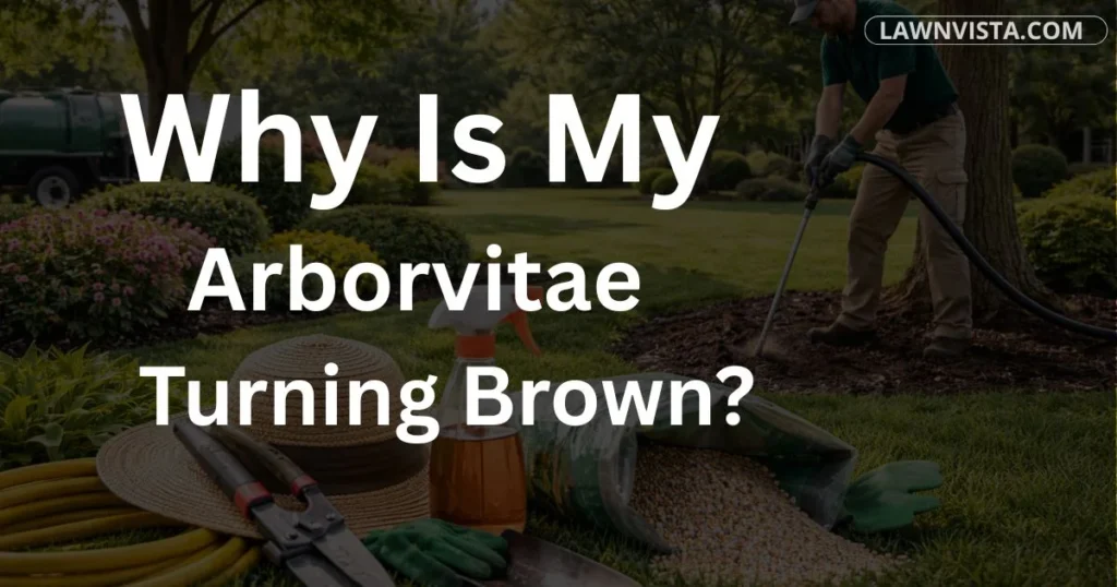 Arborvitae shrub with brown foliage showing signs of stress or disease in landscape planting