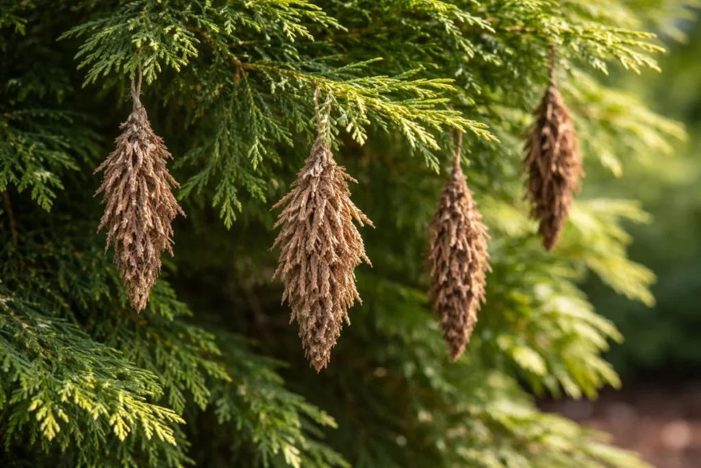 bagworms hanging on arborvitae branches