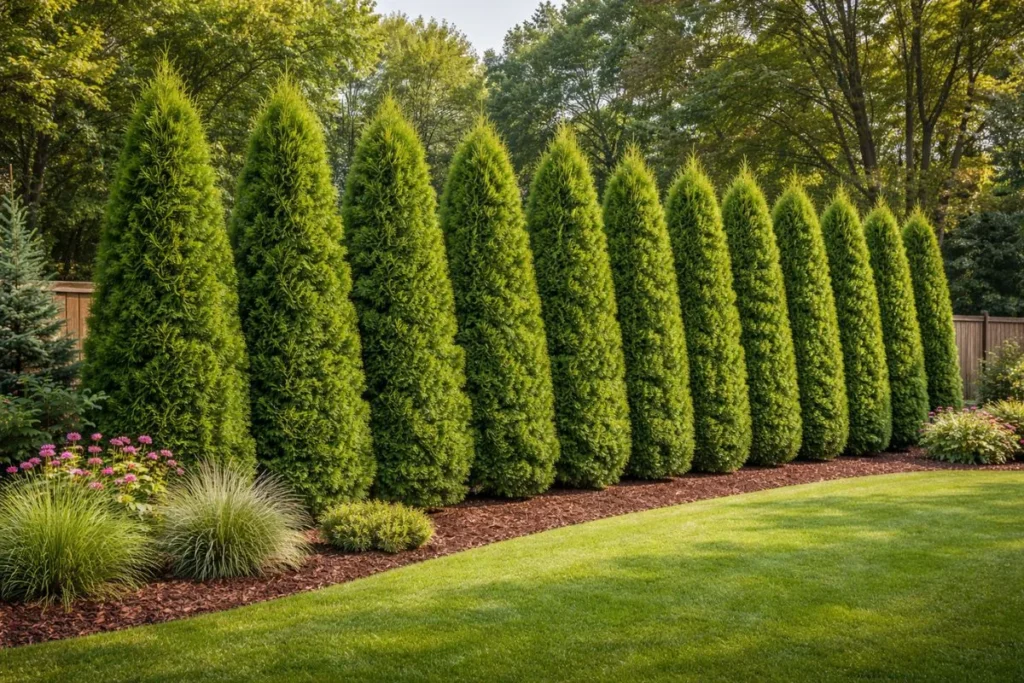 arborvitae evergreen trees forming a privacy hedge