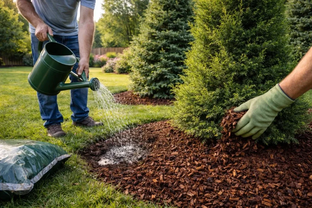 watering and mulching evergreen trees in a garden