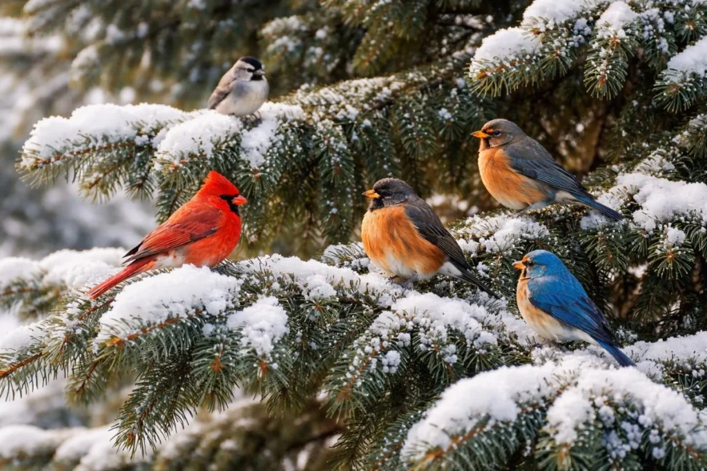 birds sitting on evergreen tree branches in winter