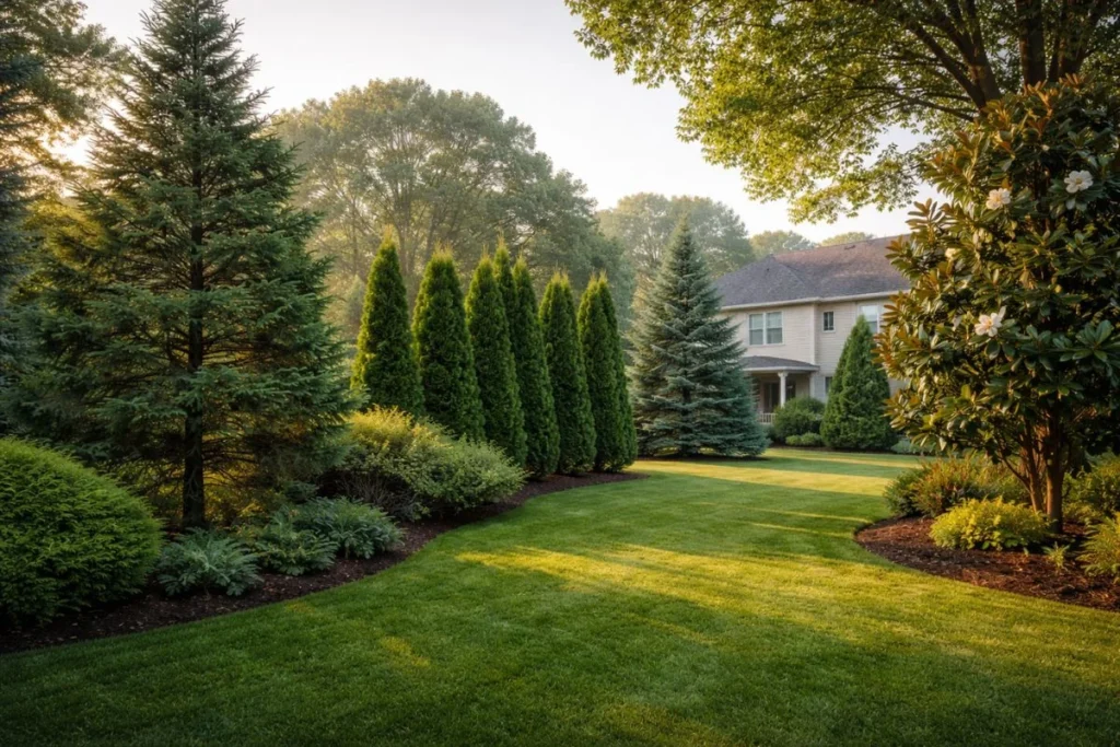 evergreen trees growing in a residential Virginia landscape