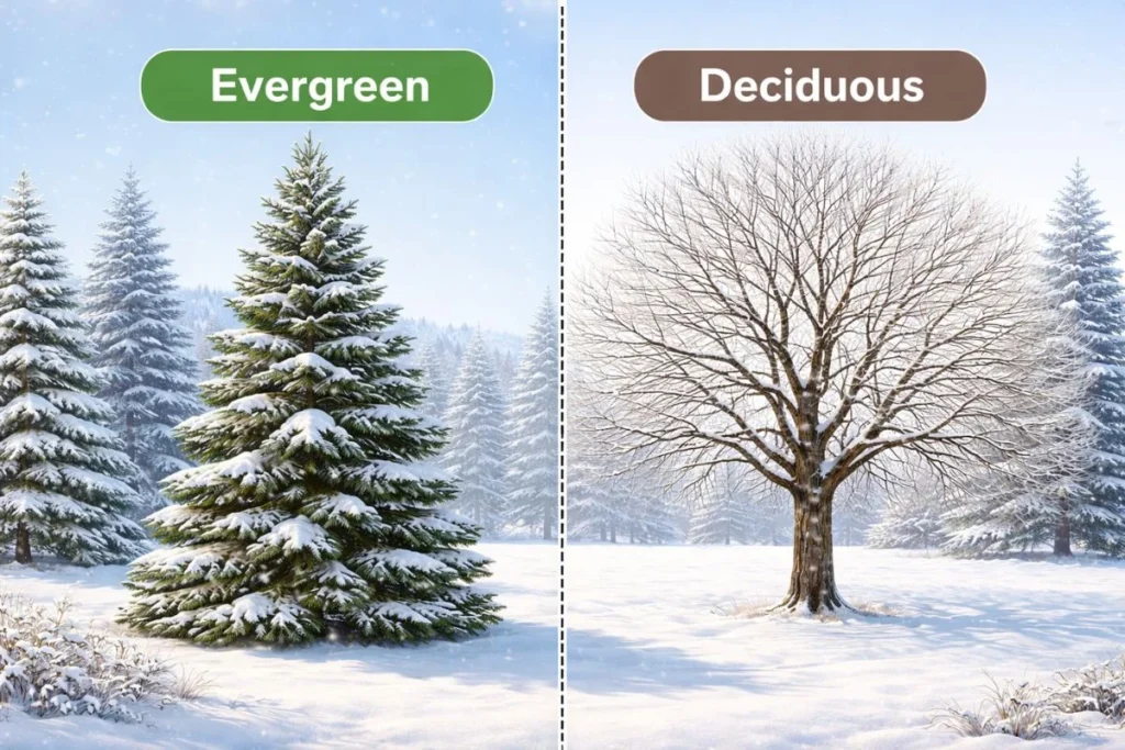 comparison of evergreen tree and deciduous tree in winter