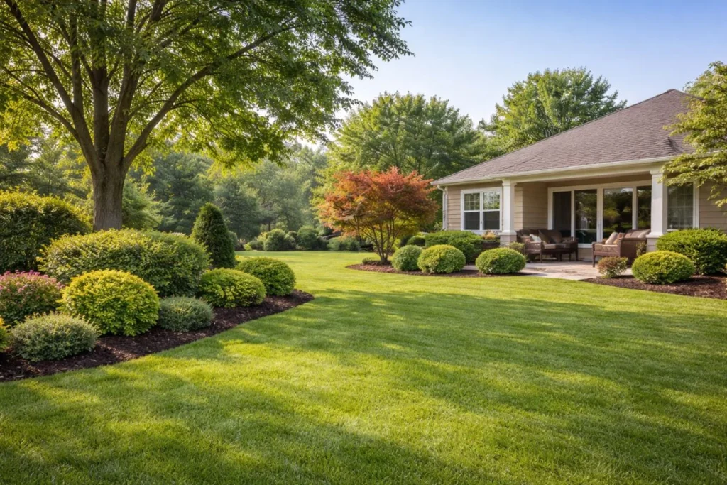 healthy mature trees and shrubs in maintained residential landscape