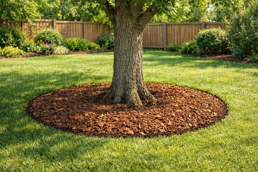 proper mulch ring around a tree in a residential lawn