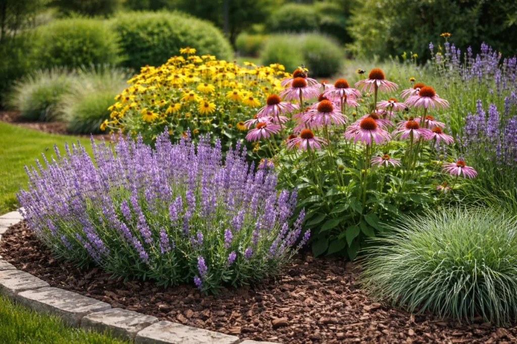 lavender coneflower and black eyed Susan low maintenance garden flowers