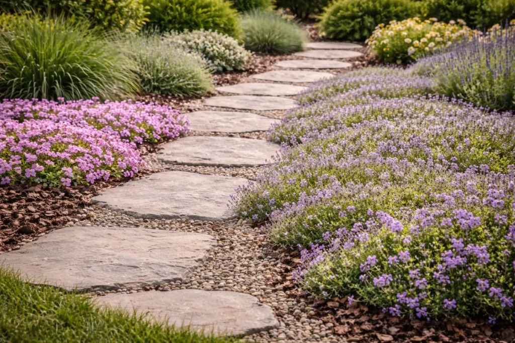 creeping thyme ground cover plants in garden pathway