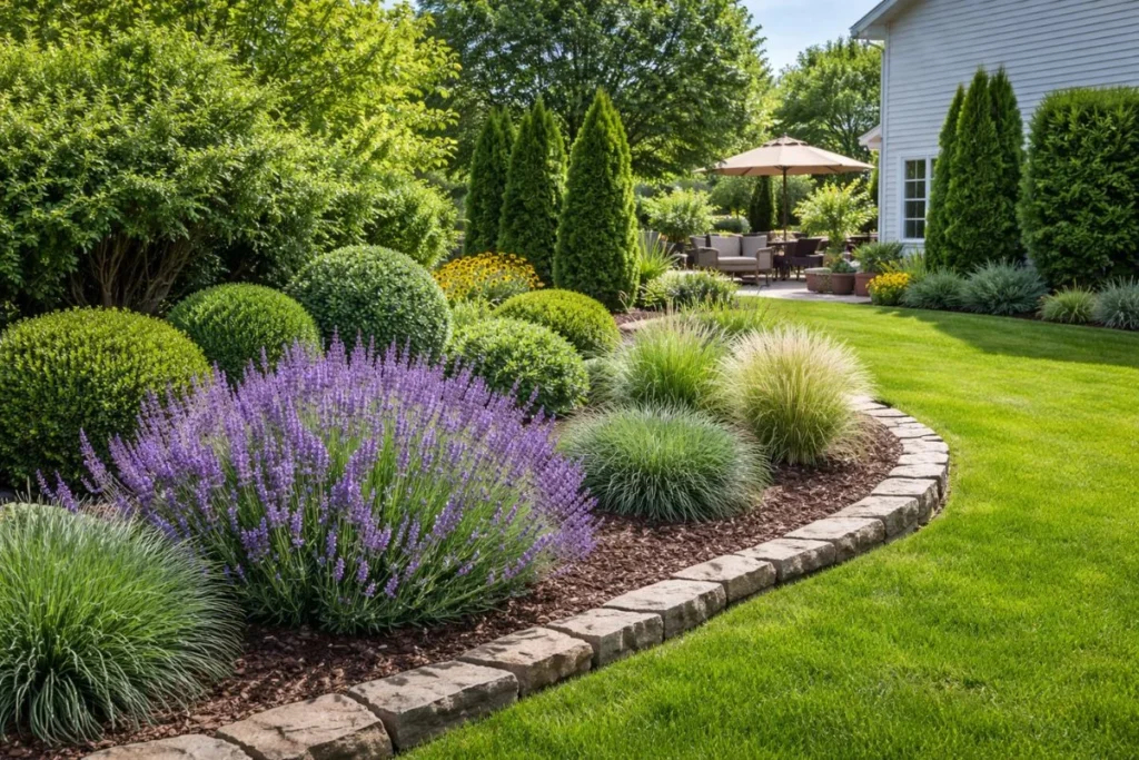 low maintenance landscaping garden with shrubs and flowering plants