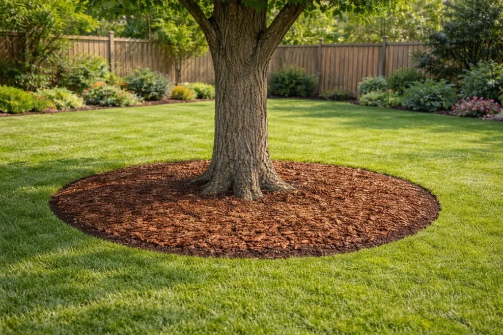 wide mulch ring around tree in grass lawn