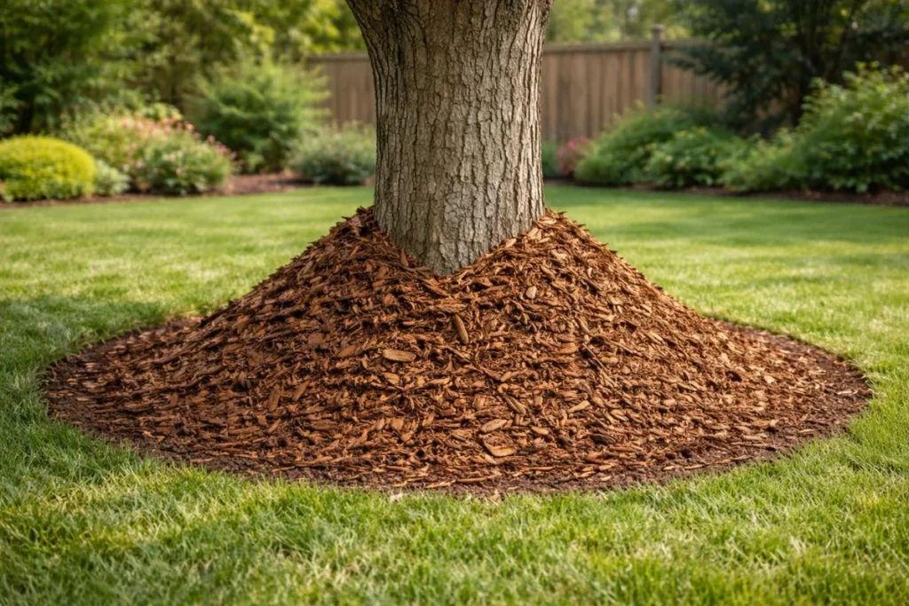 mulch volcano piled against tree trunk mistake