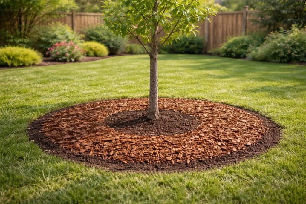 mulch ring around newly planted young tree