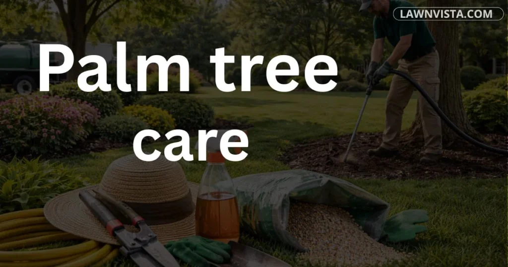 Healthy palm tree in landscape receiving proper care including watering and pruning