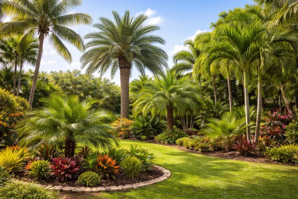 different palm tree varieties growing in a garden