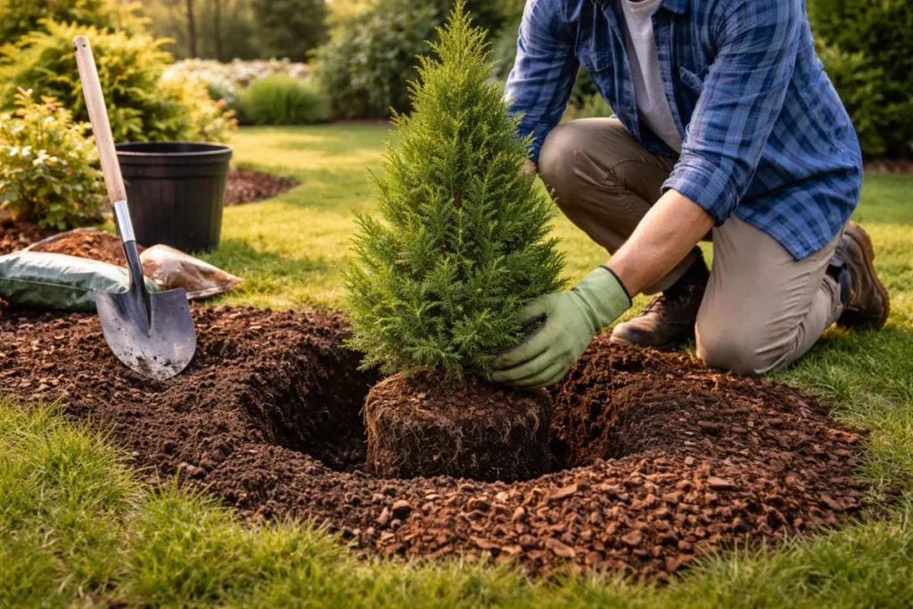 planting a young evergreen tree in a backyard garden