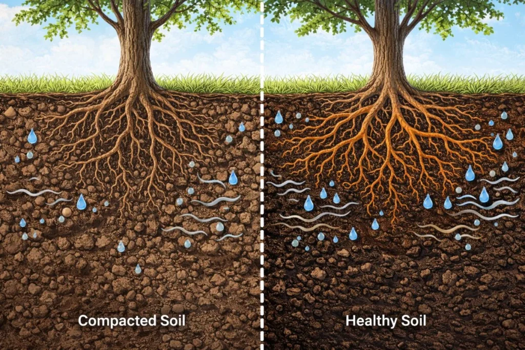 comparison of compacted soil and healthy soil affecting tree roots