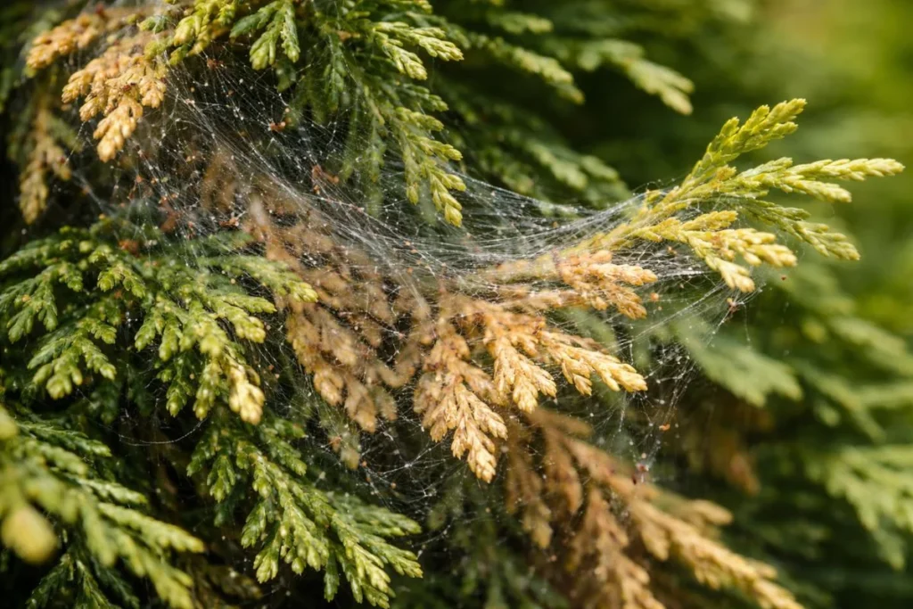 spider mite webbing on arborvitae foliage