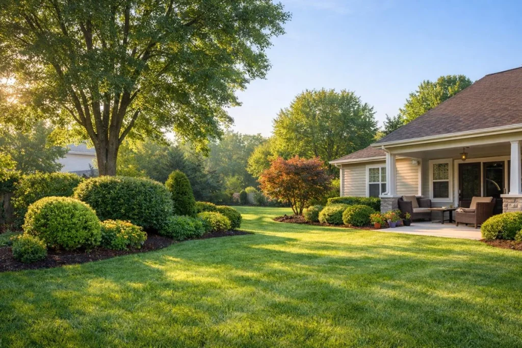 healthy residential landscape showing trees and shrubs maintained under a care program