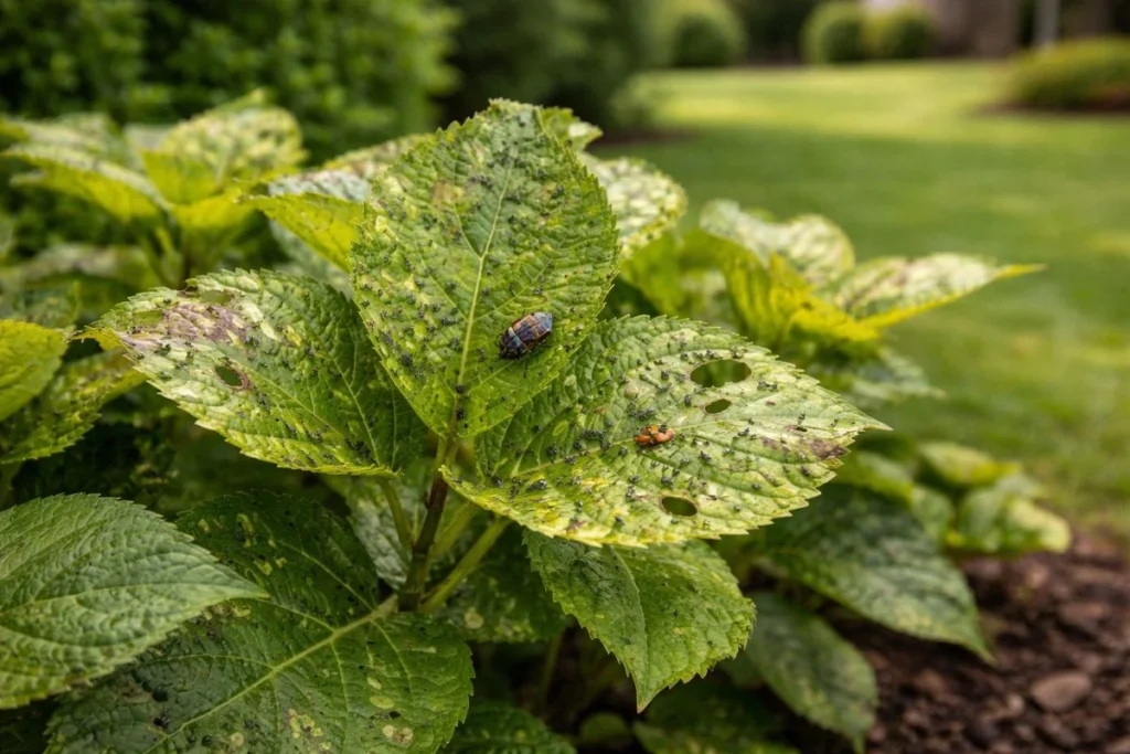insect damage visible on shrub leaves in residential landscape