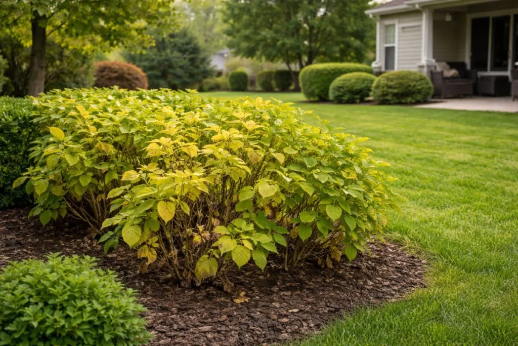 shrubs showing yellow leaves and early signs of plant stress in home landscape