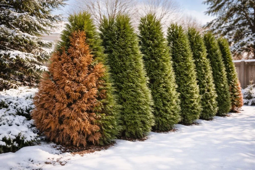 winter burn damage on arborvitae tree