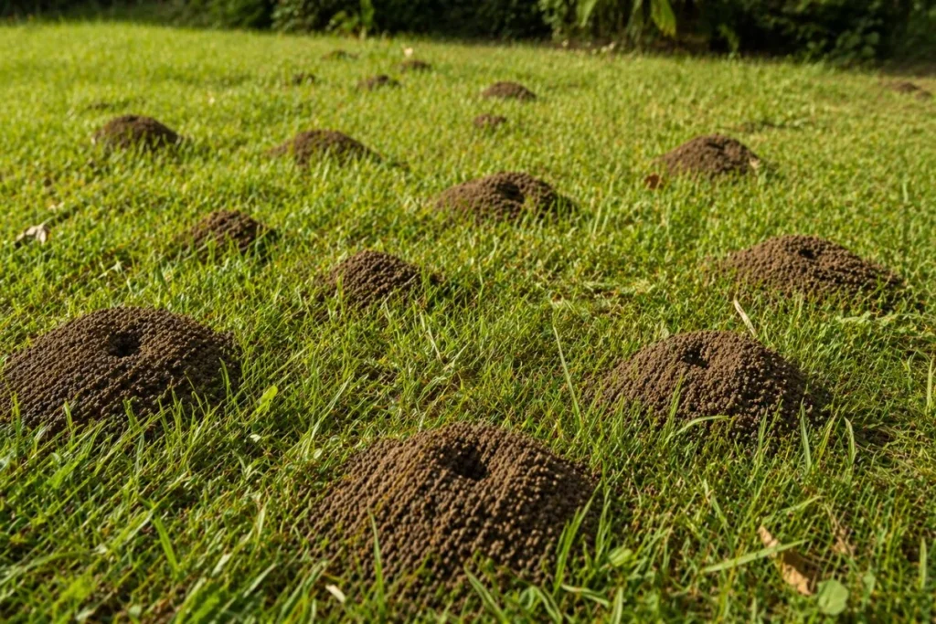 ant hills in lawn showing underground nests