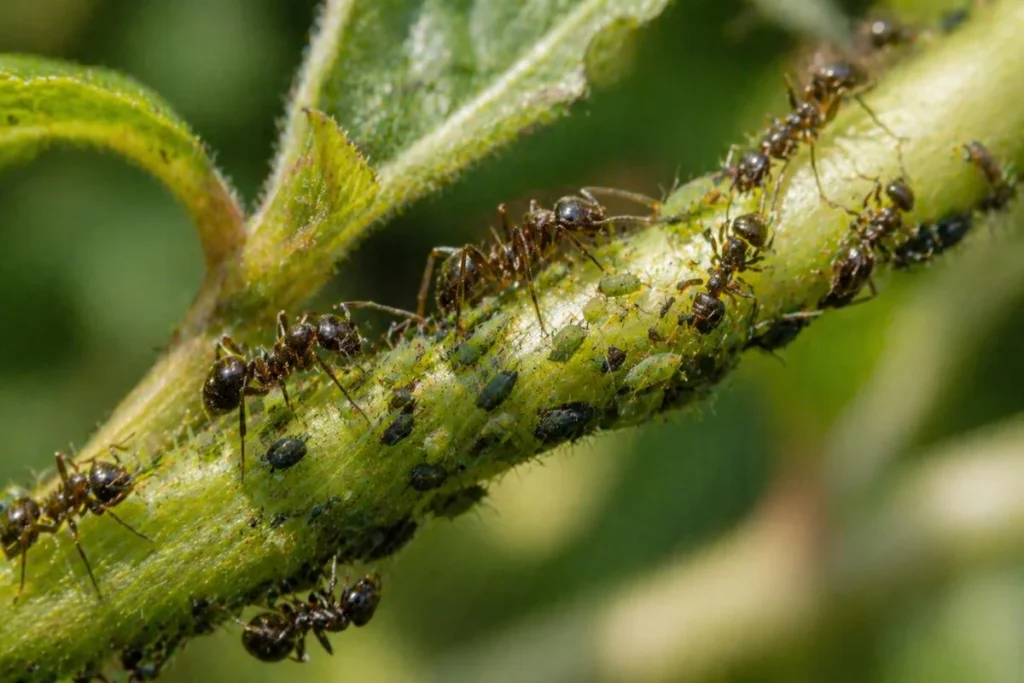 ants protecting aphids on plant stem