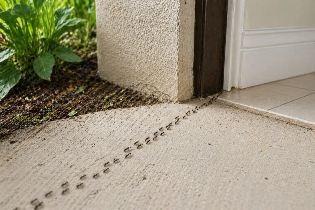 ants trail moving from lawn into house