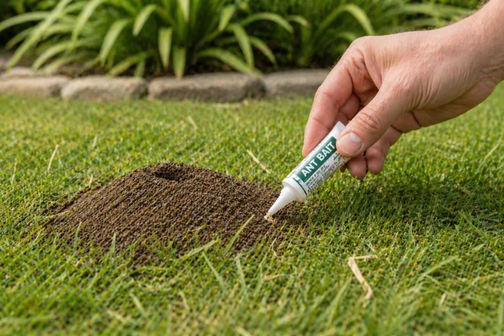 applying ant bait near ant nest in lawn